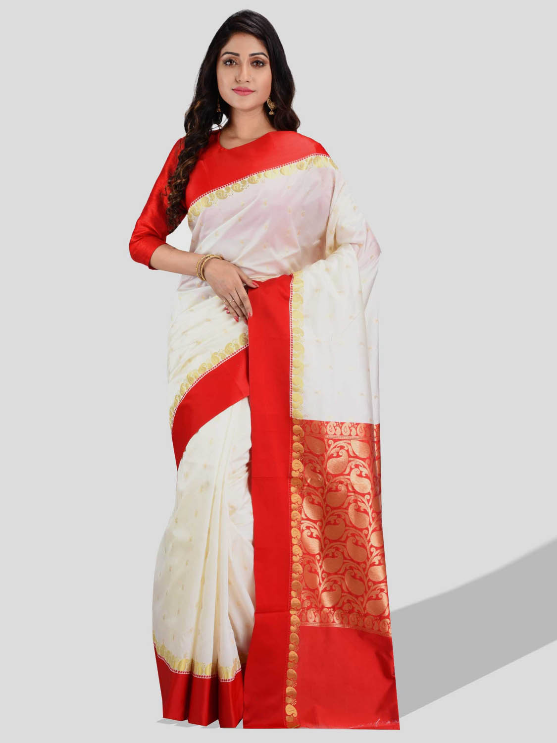 Indian Red & White Mixed Silk Gorod Saree With Blouse pcs