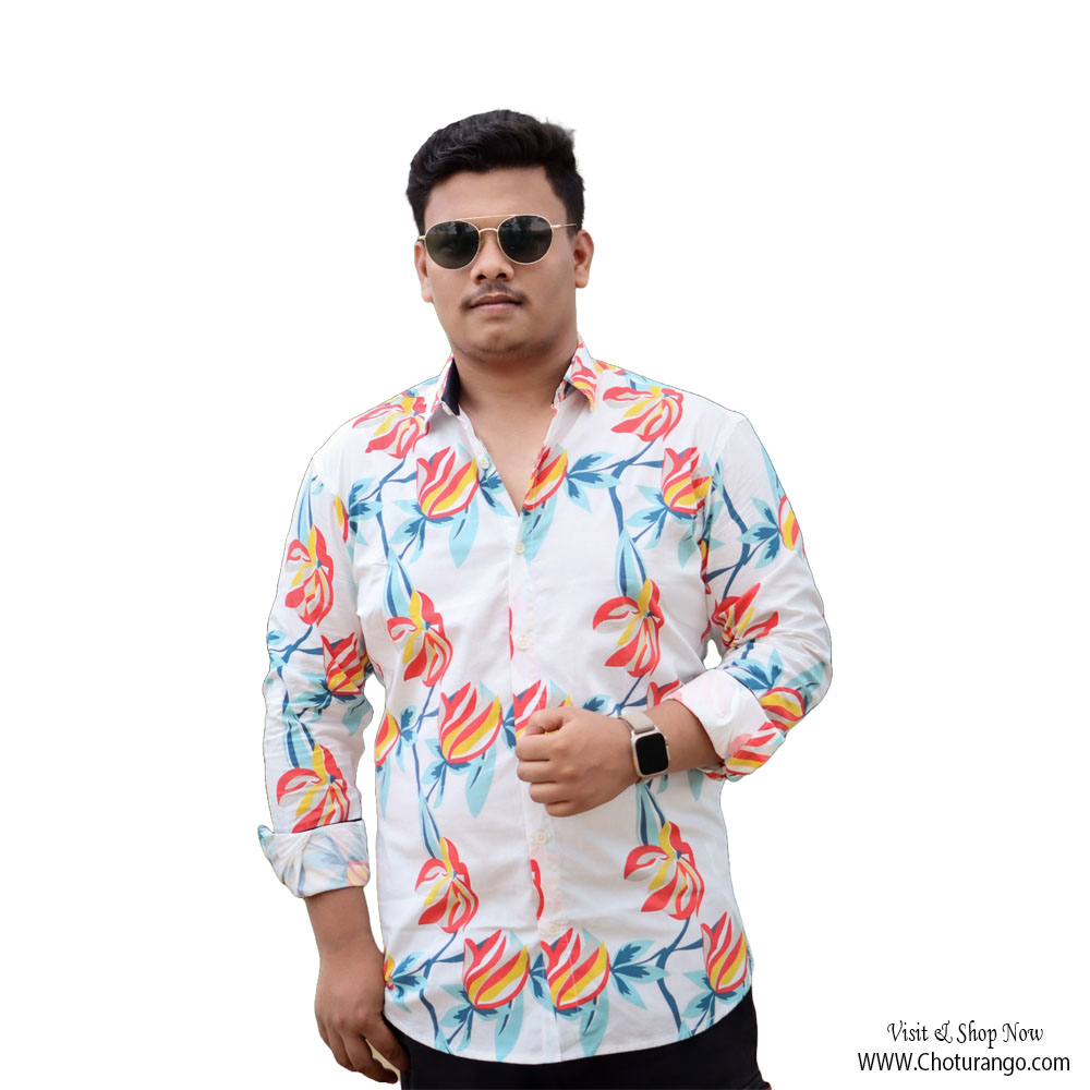 MEN’S WHITE FLORAL PRINTED CASUAL SHIRT