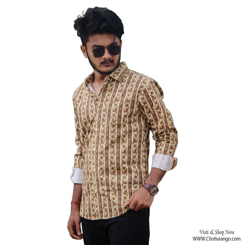 Men’s Beige & Brown Striped Printed Casual Shirt