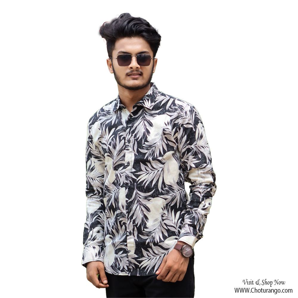 Men’s Black & White Leaf Printed Casual Shirt